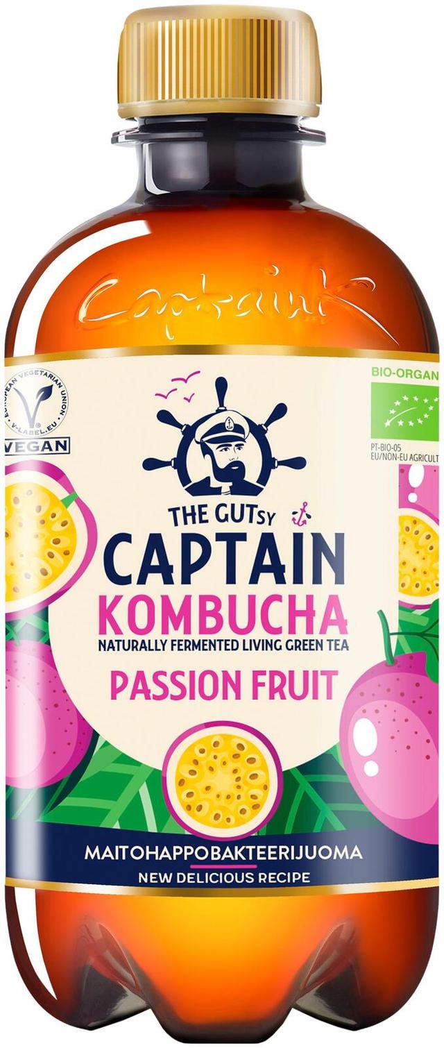 400ml The Gutsy Captain Kombucha Passion Fruit, passionhedelmänmakuinen kombucha-juoma LUOMU