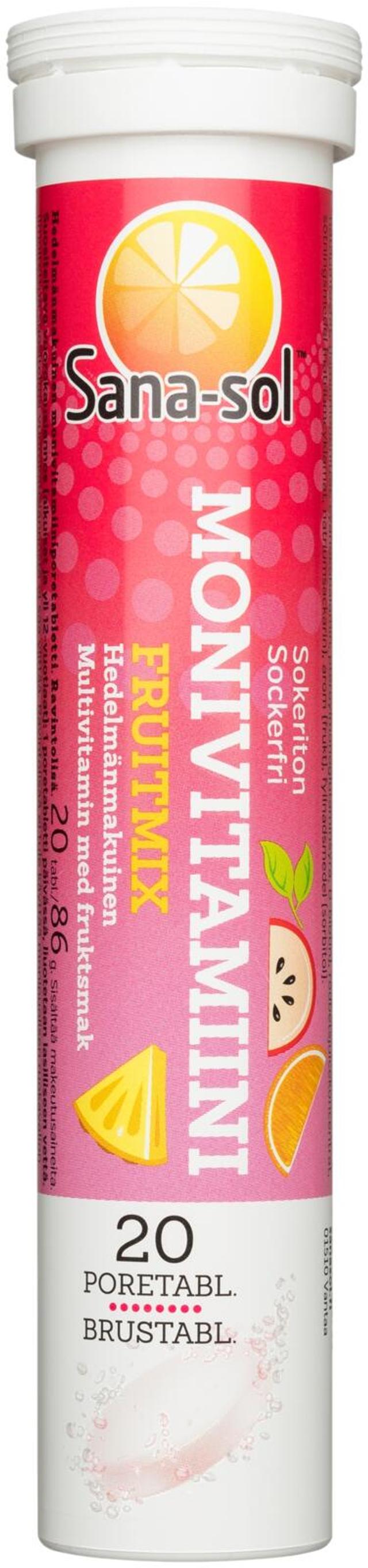 Sana-sol Monivitamiini Fruitmix sokeriton hedelmänmakuinen monivitamiiniporetabletti 20 poretablettia