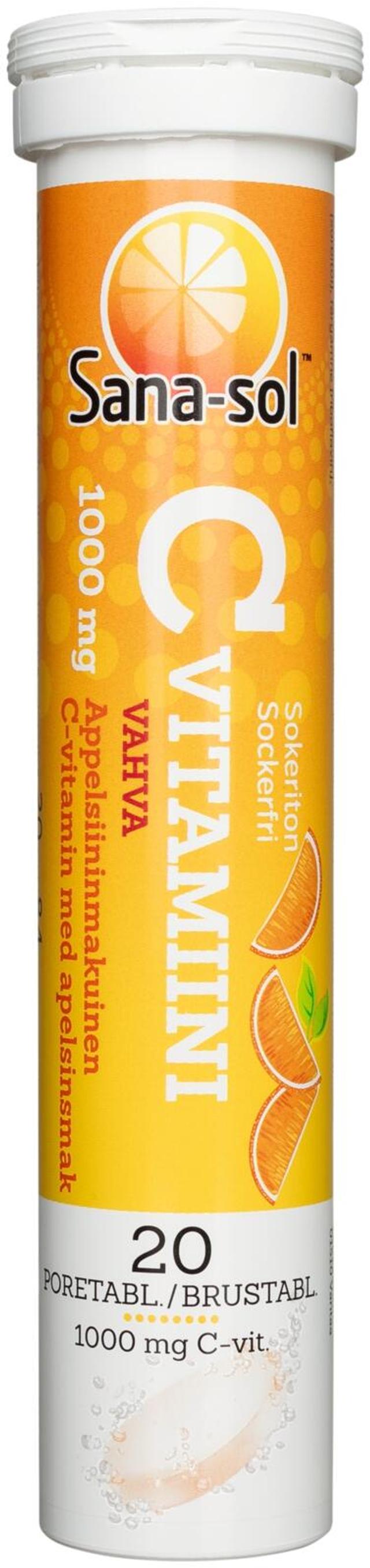 Sana-sol C-vitamiini 1000mg sokeriton appelsiininmakuinen C-vitamiiniporetabletti 20 poretablettia