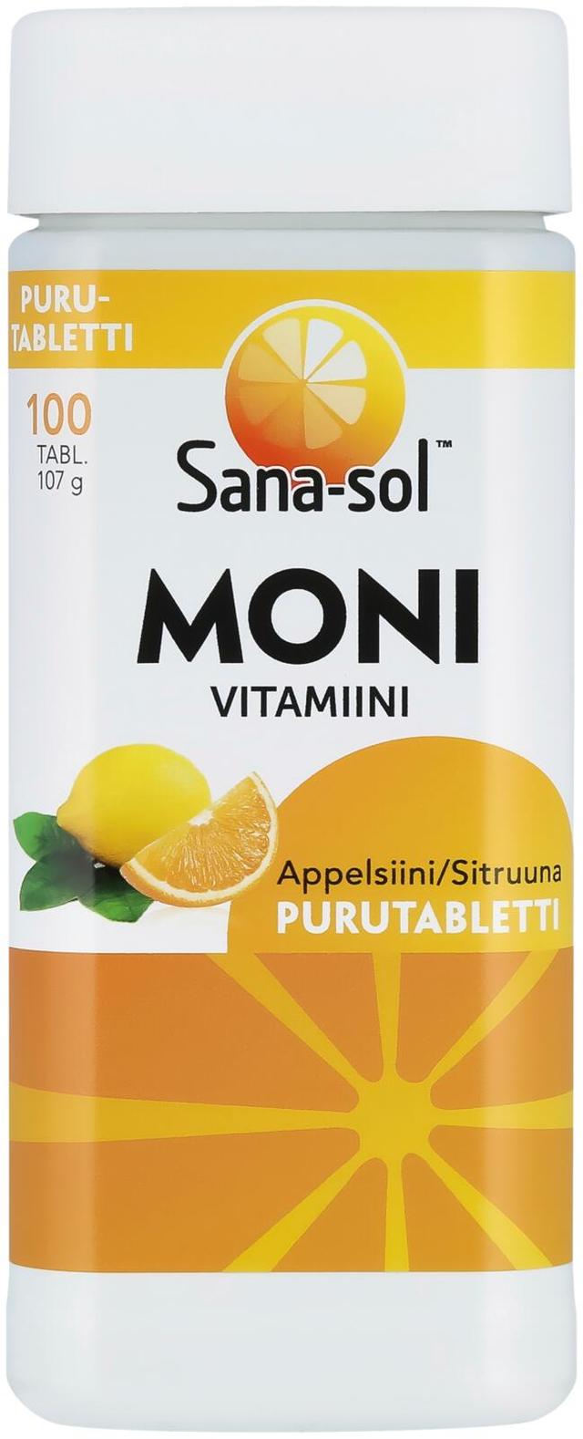 Sana-sol Monivitamiini-kivennäisaine Appelsiini/Sitruuna purutabletti ravintolisä 100tabl/107g