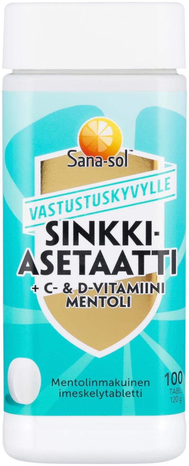 Sana-sol Sinkkiasetaatti+C&D-vitamiini Mentoli imeskelytabletti ravintolisä 100tabl/120g