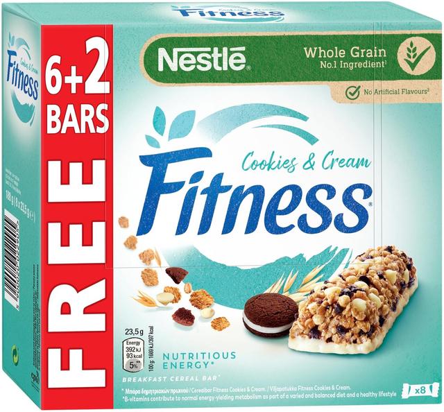 Nestlé Fitness 8x23.5g Cookies & Cream valkosuklainen viljapatukka kaakaokeksin paloilla