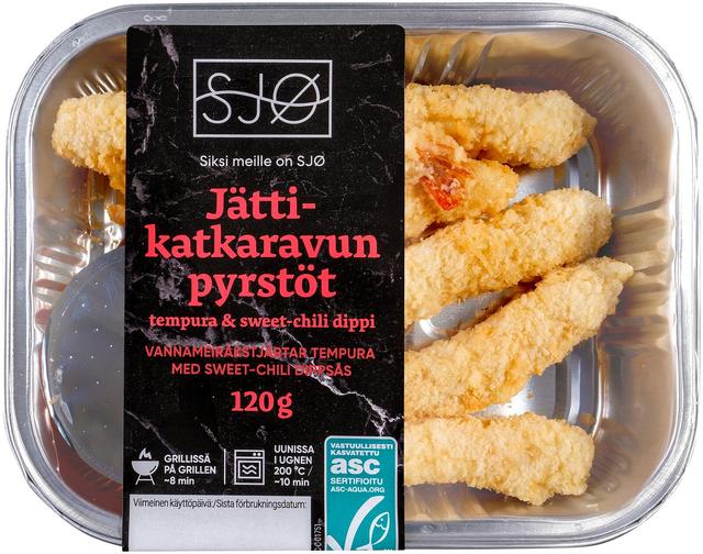 SJØ Jättikatkaravun pyrstöt ASC tempura & sweet-chili dippi 120g