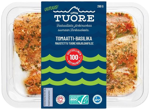 Saimaan Tuore ASC Tomaatti-basilika maustettu kirjolohifilee, 290 g.