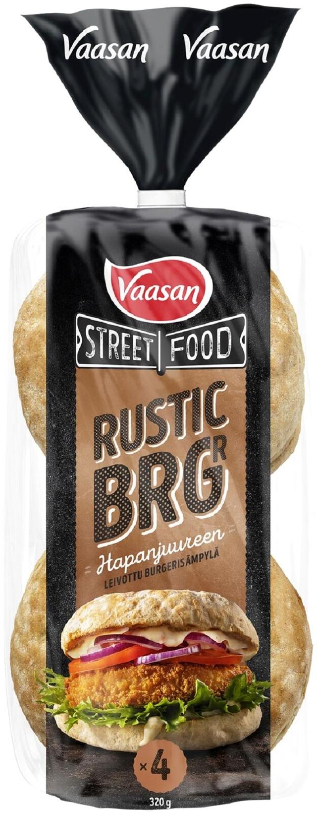 Vaasan Street Food Rustic BRGR 320g 4 kpl Hapanjuuren leivottu hampurilaissämpylä