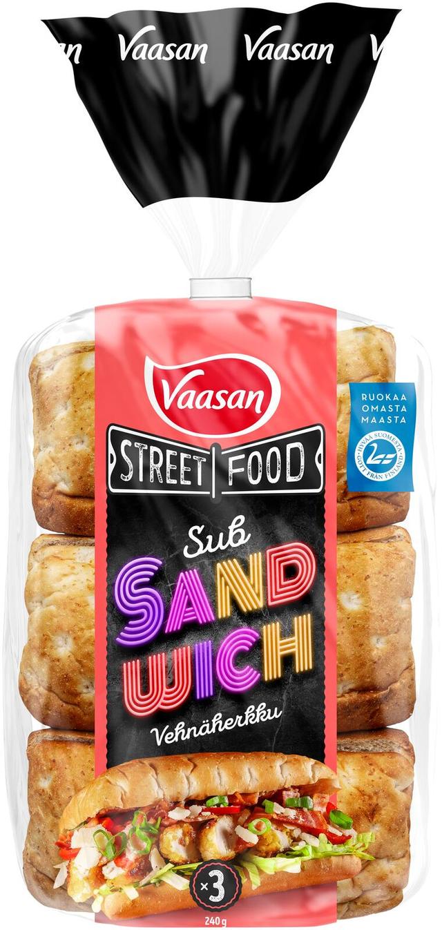 Vaasan Street Food Sub Sandwich Vehnäherkku 240 g 3 kpl vehnäsämpylä