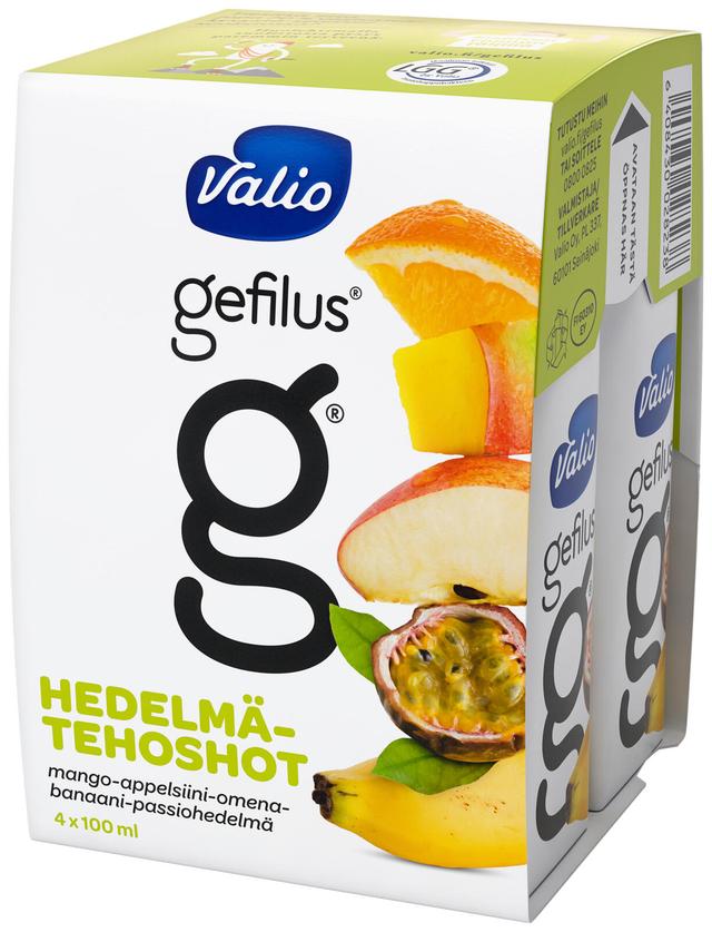 Valio Gefilus® tehoshot 4x100 ml mango-appelsiini-omena-banaani-passionhedelmä