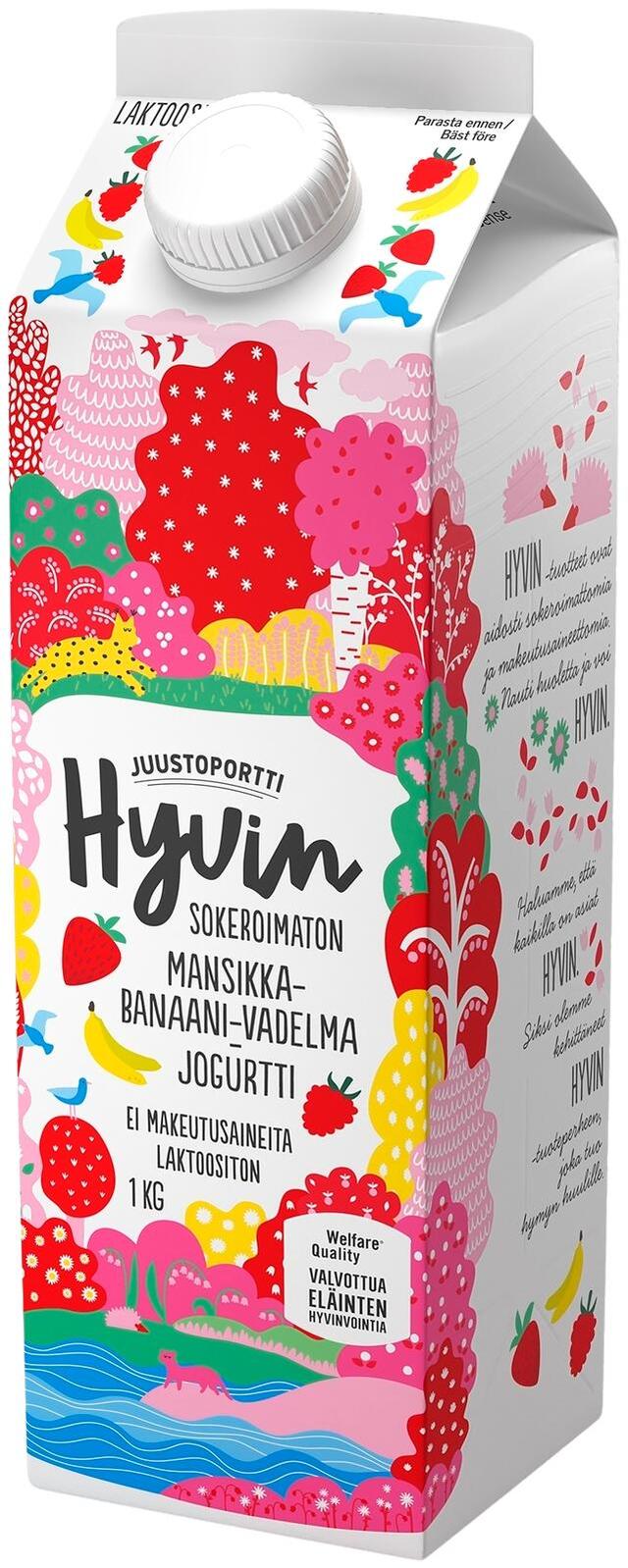 Juustoportti Hyvin jogurtti 1 kg mansikka-banaani-vadelma laktoositon