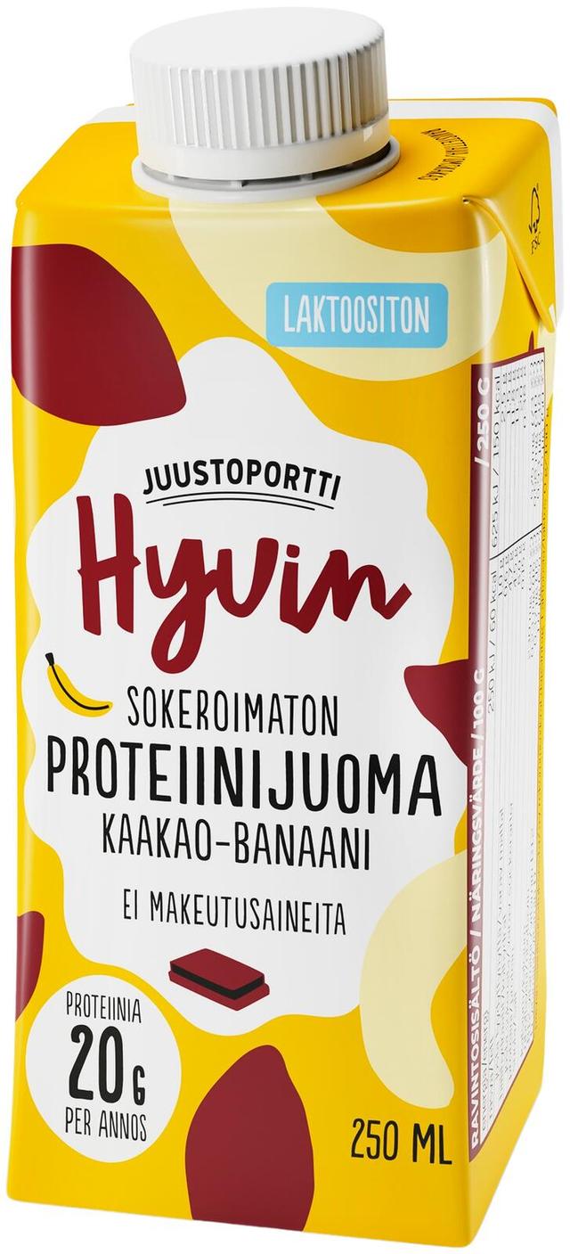Juustoportti Hyvin sokeroimaton ja makeutusaineeton kaakaon ja banaanin makuinen proteiinijuoma 250 ml UHT laktoositon