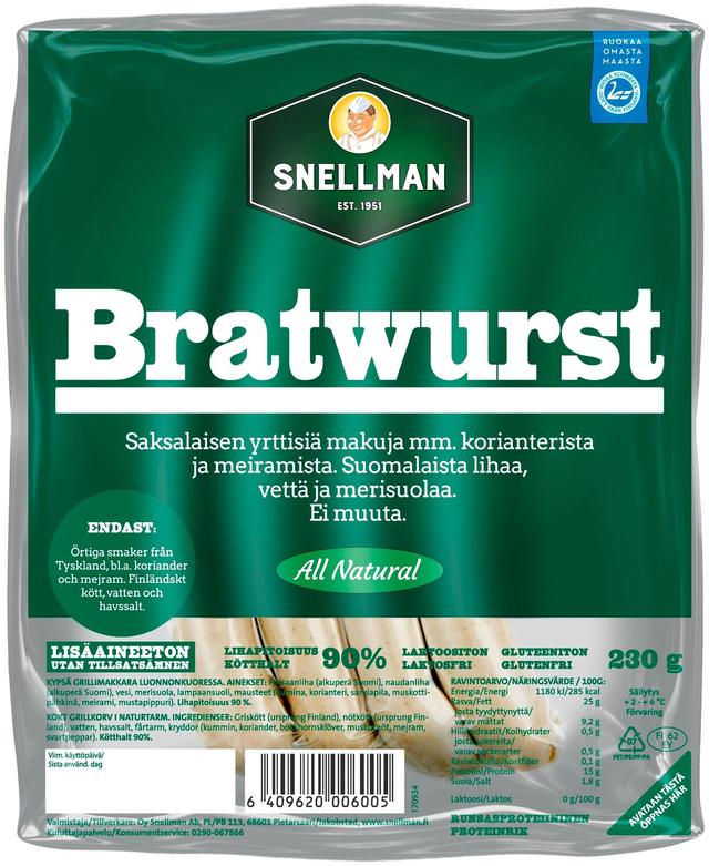 Snellman All Natural Bratwurst grillimakkara 230g