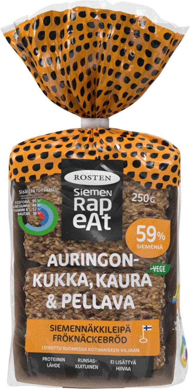 Rosten Auringonkukka, kaura & pellava siemennäkkileipä 12kpl 250g