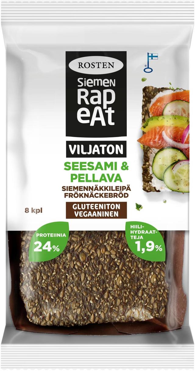 Rosten Siemenrapeat Viljaton siemennäkkileipä  Seesami & pellavansiemen 170 g