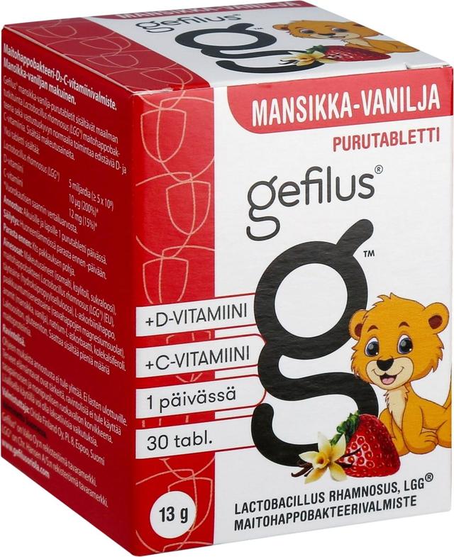 Gefilus mansikka maitohappobakteeri-D3-C-vitamiinivalmiste purutabletti 30tabl 13g ravintolisä
