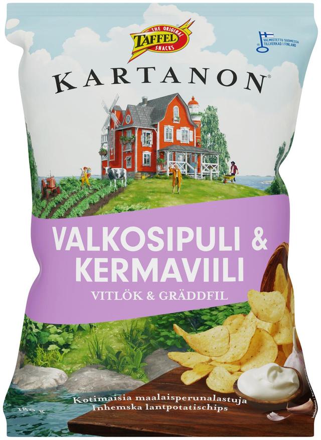 Taffel Kartanon valkosipuli & kermaviili maustettu sipsi 180g