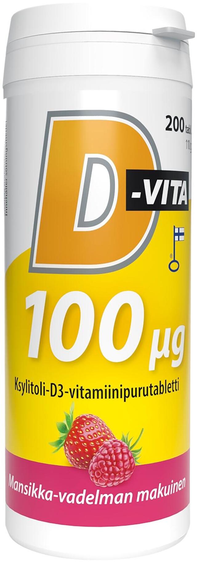 D-Vita 100 ug mansikka-vadelmanmakuinen 200 tabl ksylitoli-D3-vitamiini purutabletti, Vitabalans