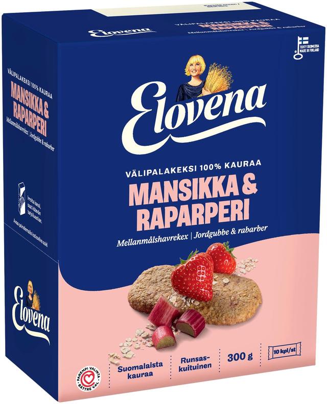 Elovena 10x30g mansikka-raparperi täysjyvä välipalakeksi 100% kauraa