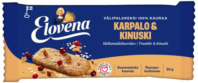 Elovena 30g karpalo-kinuski täysjyvä välipalakeksi 100% kauraa