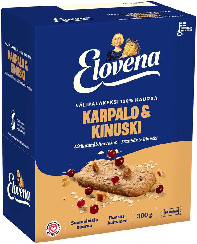 Elovena 10x30g karpalo-kinuski täysjyvä välipalakeksi 100% kauraa