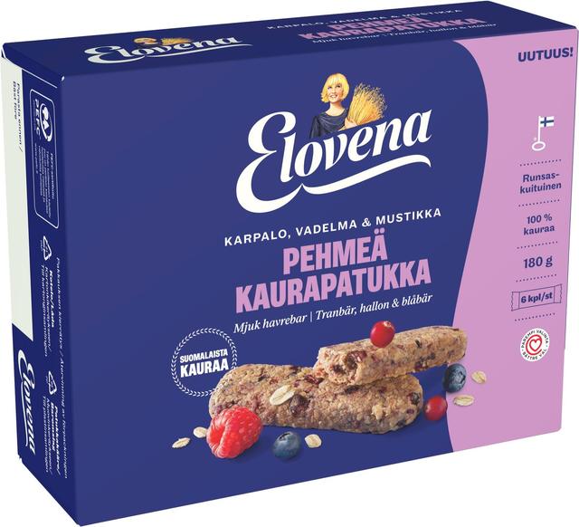 Elovena 6x30g karpalo-vadelma-mustikka pehmeä kaurapatukka