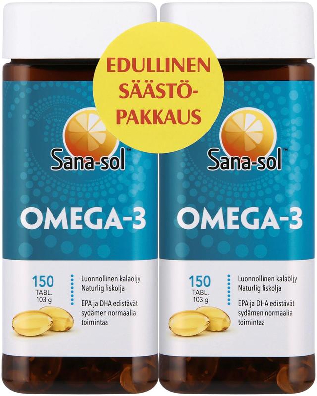 Sana-sol Omega-3 luonnollinen kalaöljy Omega-3-rasvahappokapseli ravintolisä 2x150kaps