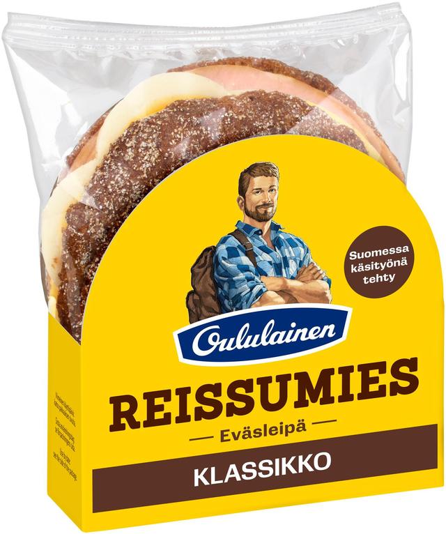 Oululainen Reissumies Eväsleipä Klassikko 160g, täytetty täysjyväruisleipä kinkku-juusto-muna