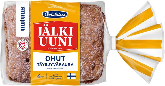 Oululainen Jälkiuuni Ohut Täysjyväkaura 6kpl 280g, täysjyväkauraleipä