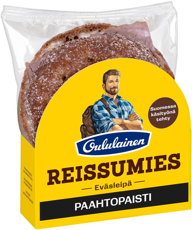 Oululainen Reissumies Eväsleipä Paahtopaisti 130g, täytetty täysjyväruisleipä paahtopaisti-pikkelöity punasipuli-BBQ-majoneesi