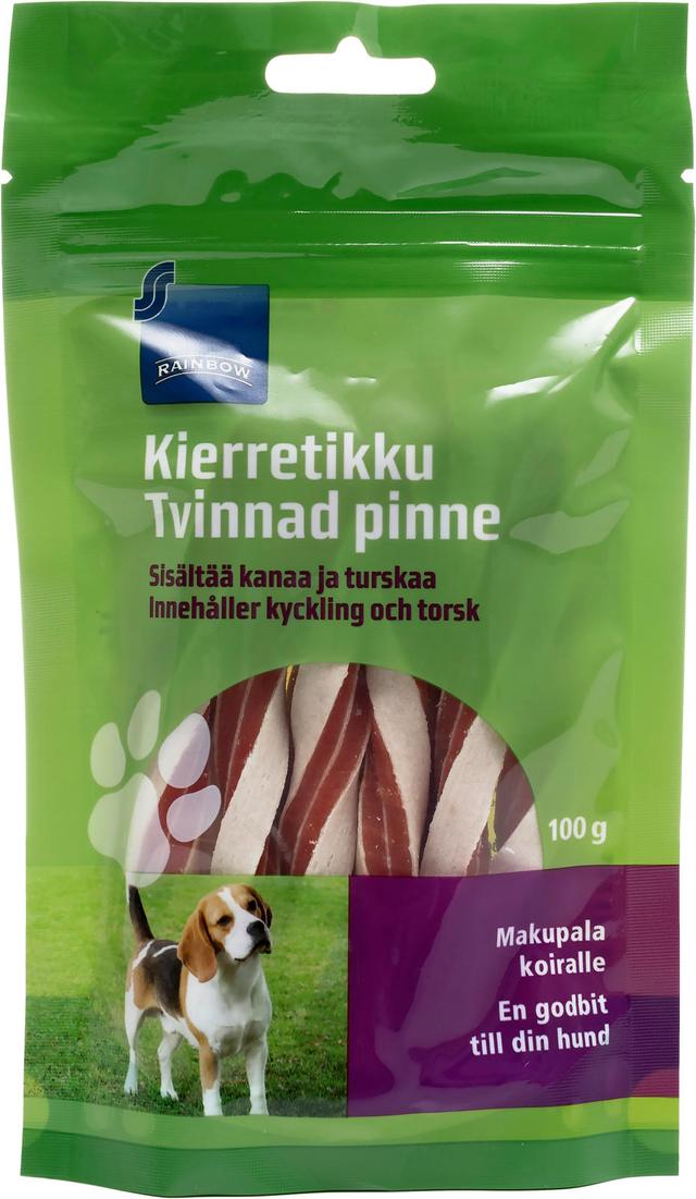 Rainbow 100g kierretikku koiralle, sisältää kanaa ja turskaa