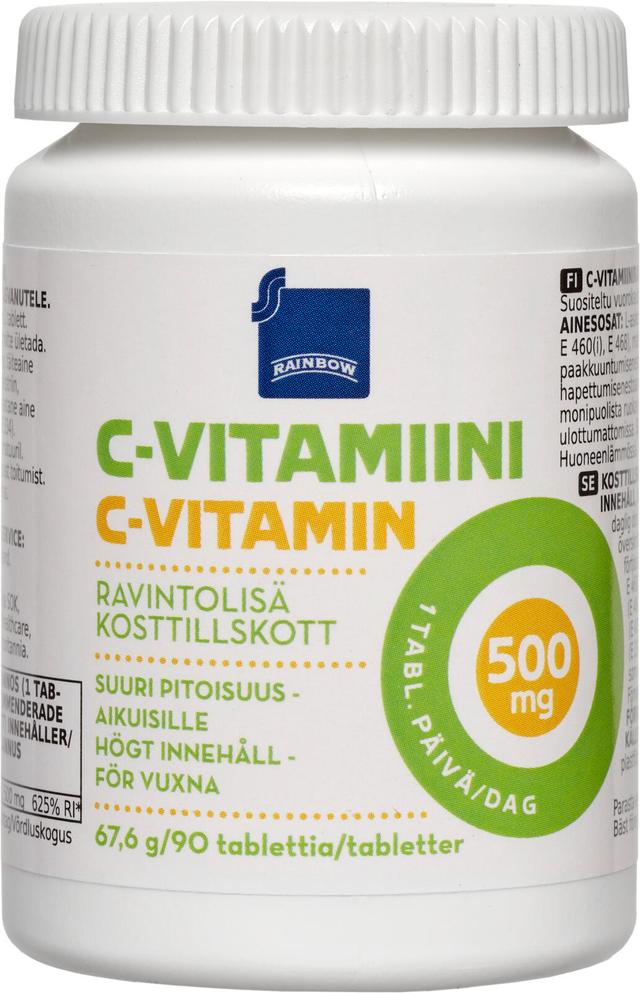 Rainbow C-vitamiini 500mg ravintolisä suuri pitoisuus aikuisille 67,6 g/90 tablettia