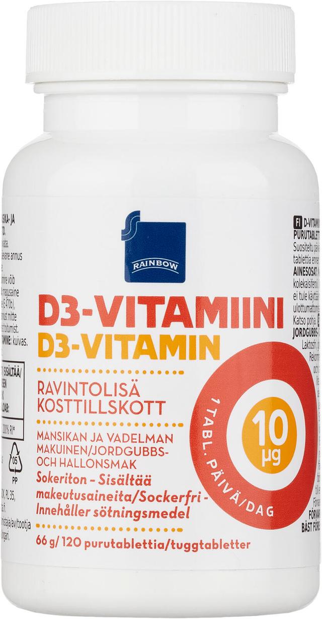 Rainbow D3-vitamiini 10μg ravintolisä 66 g/120 purutablettia mansikan- ja vadelmanmakuinen
