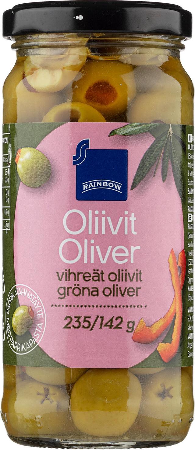 Rainbow 235/142g vihreät oliivit paprikatahnatäytteellä