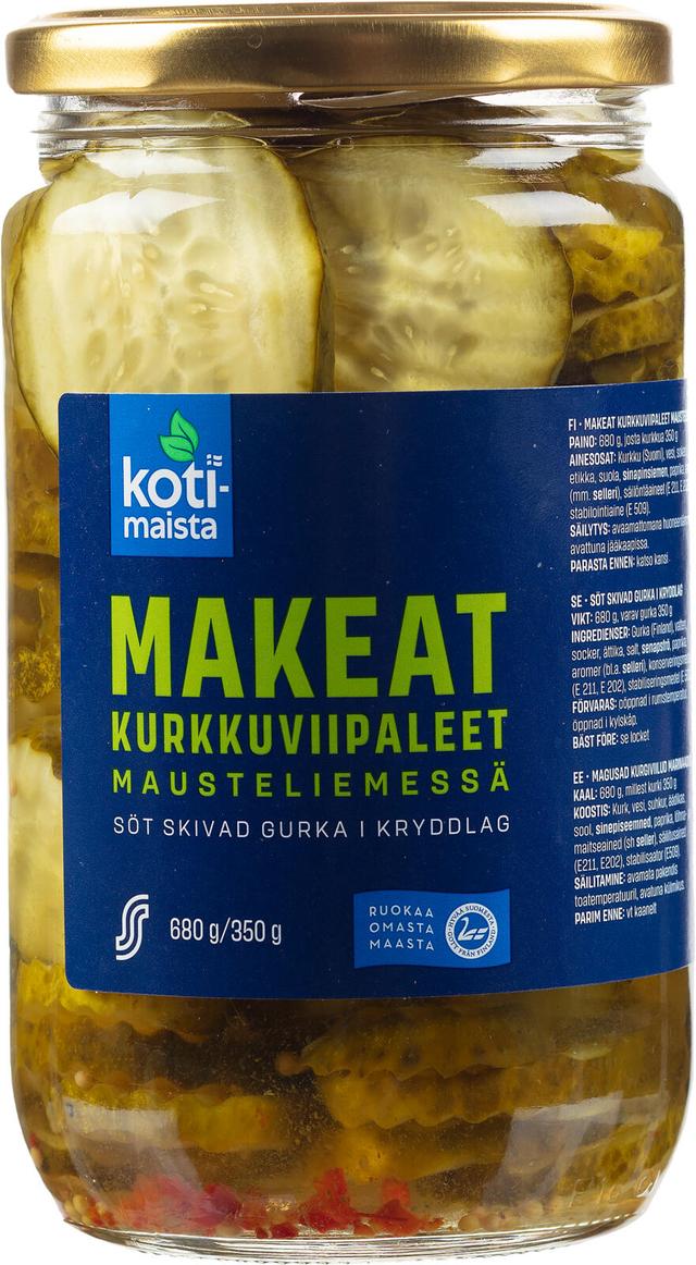 Kotimaista 680g/350g makeat kurkkuviipaleet mausteliemessä