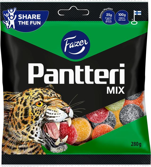 Fazer Pantteri Mix hedelmä- ja salmiakki karkkipussi 280g