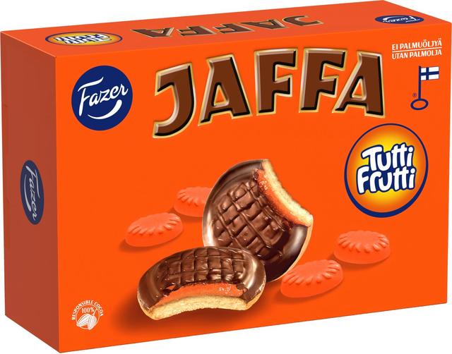 Fazer Jaffa Tutti Frutti suklaalla kuorrutettu appelsiininmakuinen keksi 300g