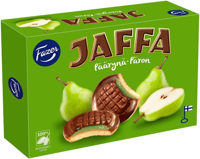 Fazer Jaffa Päärynä suklaakuorrutteinen päärynänmakuinen täytekeksi 300g