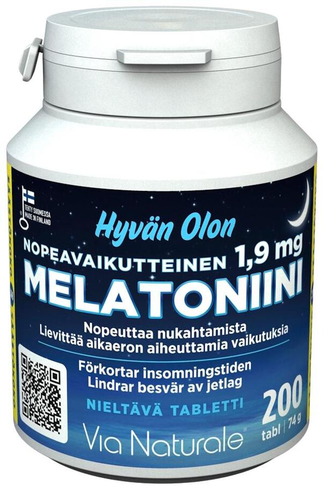 Hyvän Olon Nopeavaikutteinen Melatoniini 1,9 mg 200 tabl Via Naturale
