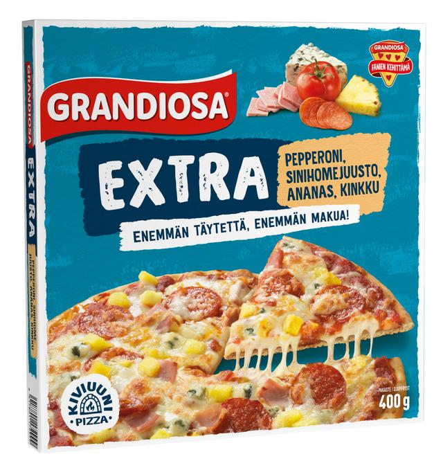 Grandiosa Extra pepperoni, sinihomejuusto, ananas ja kinkku kiviuuni pakastepizza 400g