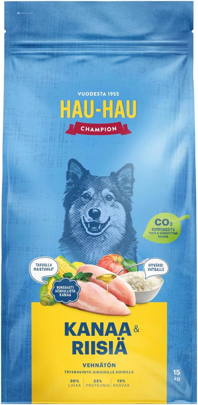 Hau-Hau Champion Kanaa ja riisiä täysravinto aikuisille koirille 15 kg