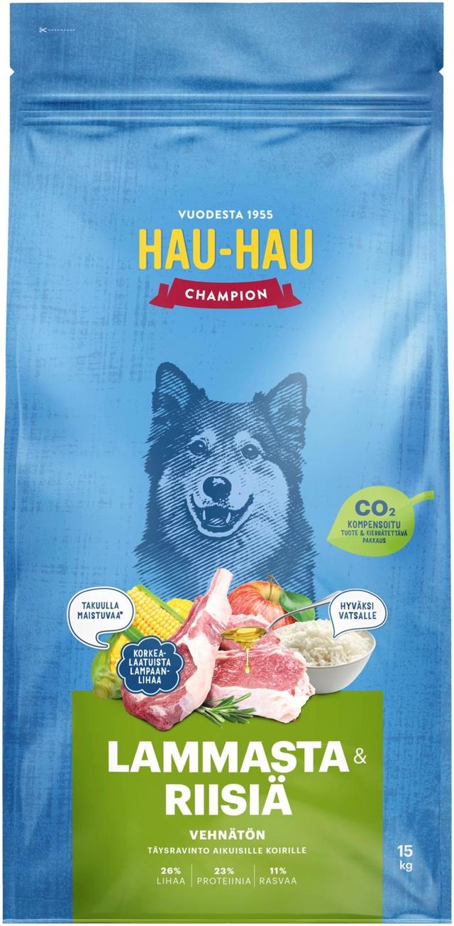 Hau-Hau Champion Lammasta ja riisiä täysravinto aikuisille koirille 15 kg