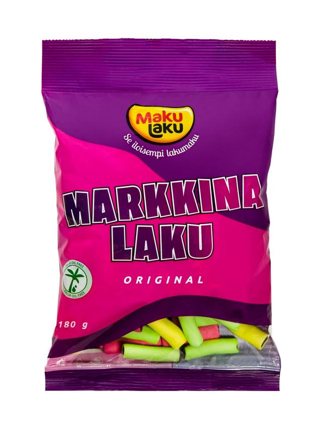 Makulaku Markkinalaku Original 180g lakritsasekoitus sisältää mansikan, omenan banaanin ja sitruunan makuisia lakritsipaloja.