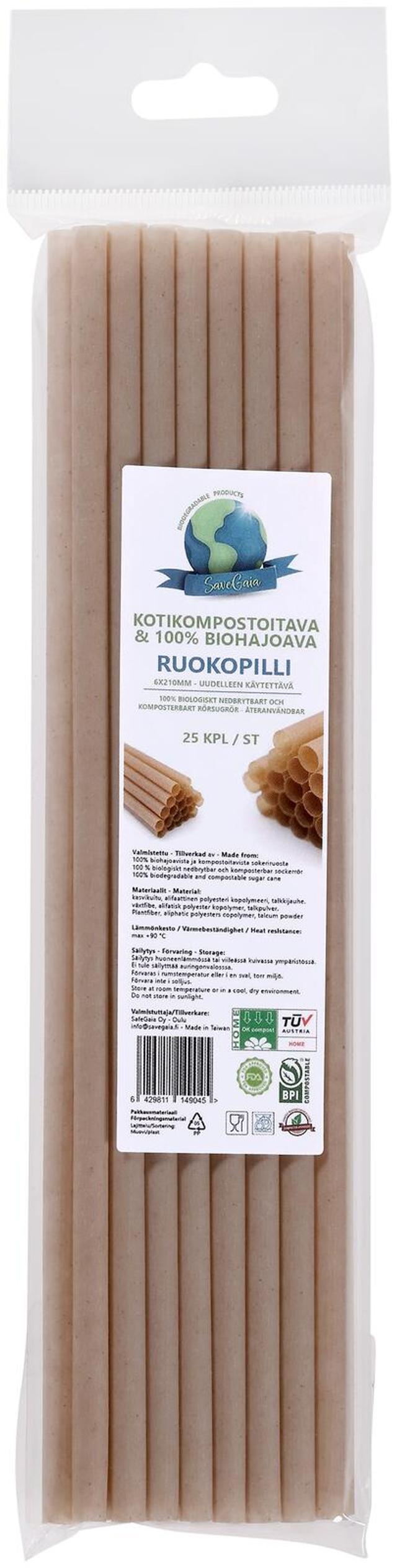 SaveGaia kompostoitava ja biohajoava ruokopilli 6x210mm 25kpl