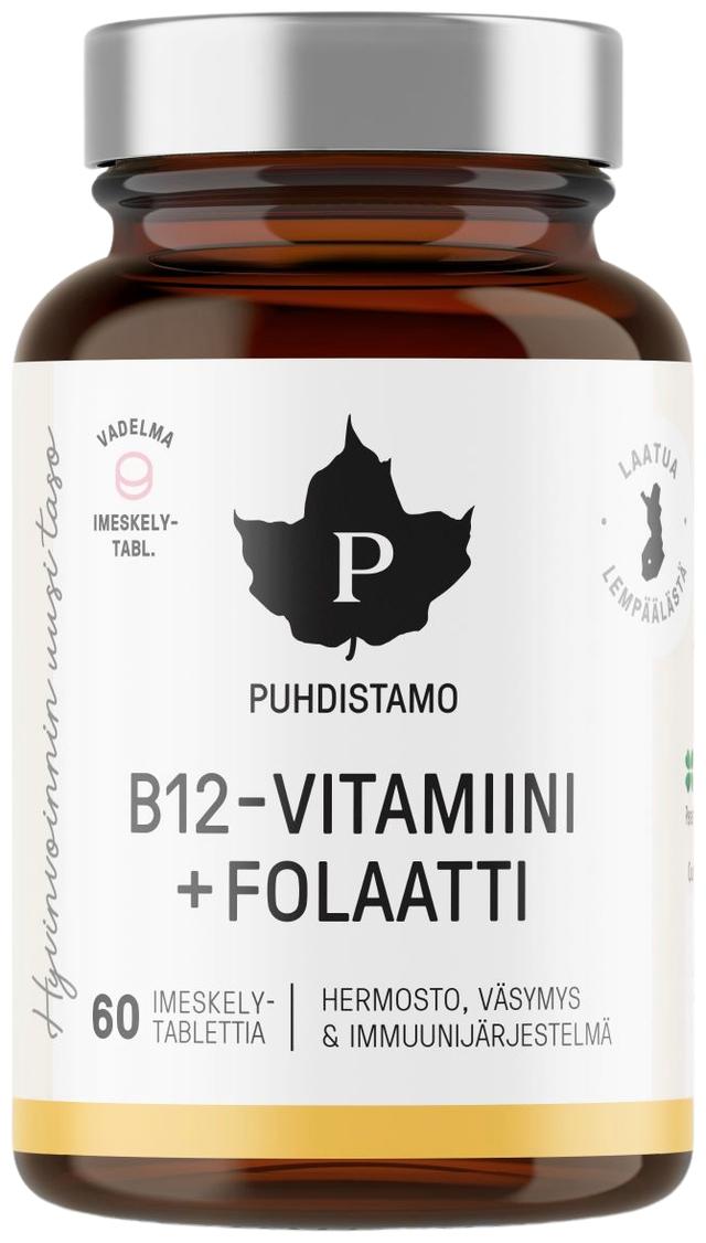 Puhdistamo B12-vitamiini + Folaatti Vadelma 60 tablettia