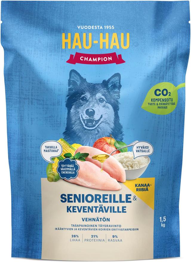 Hau-Hau Champion Kanaa ja riisiä täysravinto senioreille ja keventäville 1,5 kg