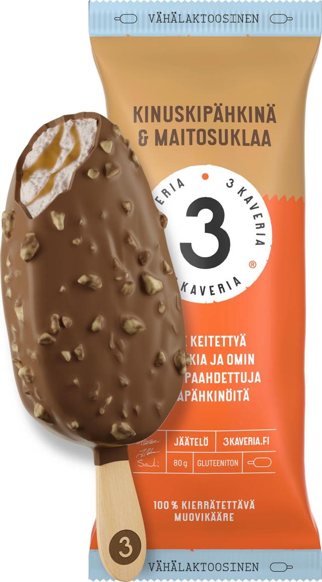 3 Kaveria Vähälaktoosinen Kinuskipähkinä & Maitosuklaa jäätelöpuikko 110ml/80g