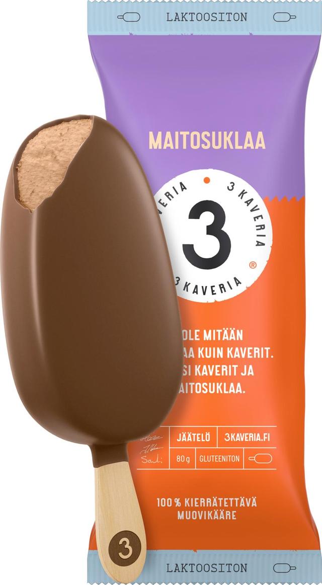 3 Kaveria Laktoositon Maitosuklaa jäätelöpuikko 110ml/80g