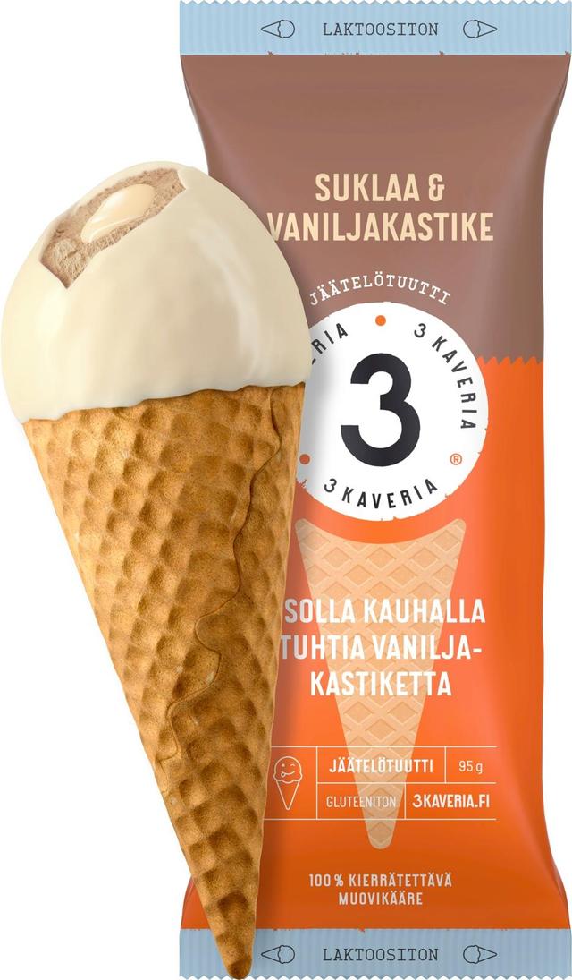 3 Kaveria Laktoositon Suklaa & Vaniljakastike jäätelötuutti 150ml/95g