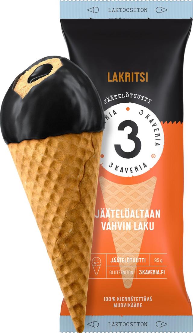 3 Kaveria Laktoositon Lakritsi jäätelötuutti 150ml/95g