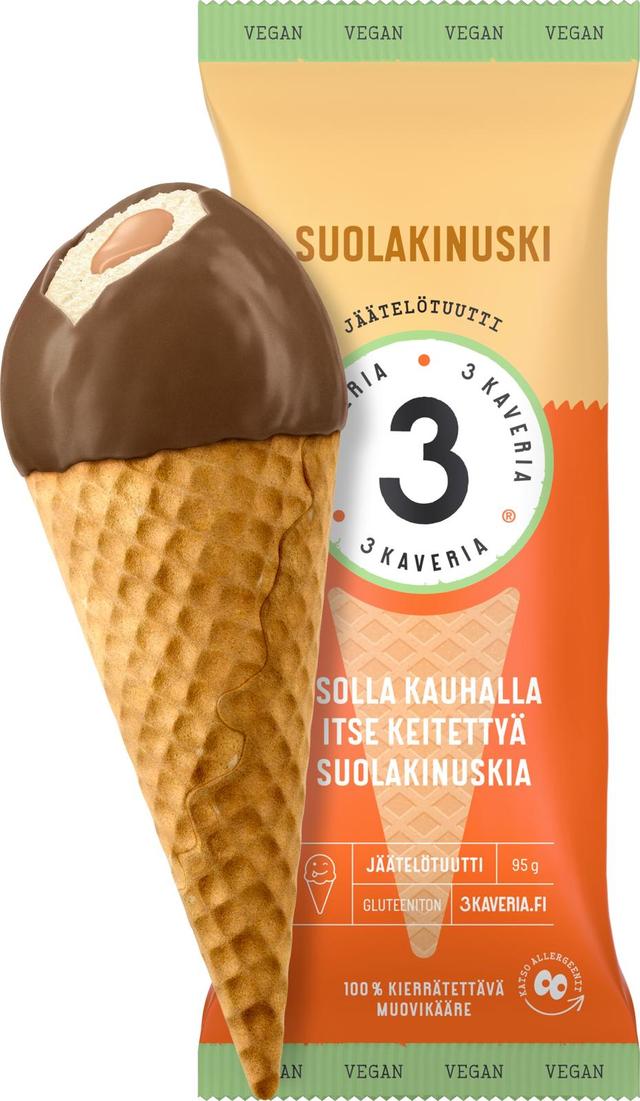 3 Kaveria Vegaaninen Suolakinuski jäätelötuutti 150ml/95g