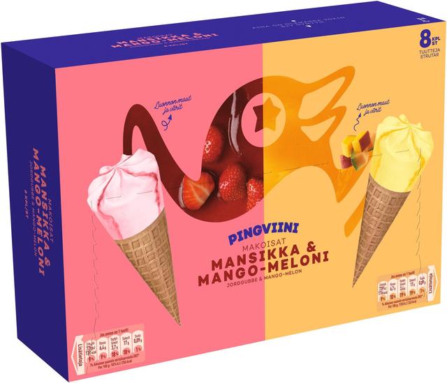 Pingviini Mansikka & Mango-Meloni jäätelötuutti MIX monipakkaus 8x67g