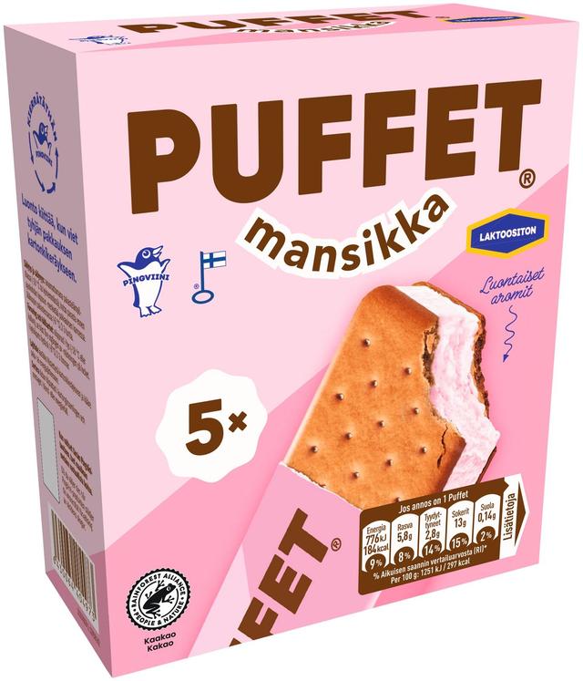 Puffet Mansikka laktoositon välipalajäätelö monipakkaus 5x62g/1,1dl